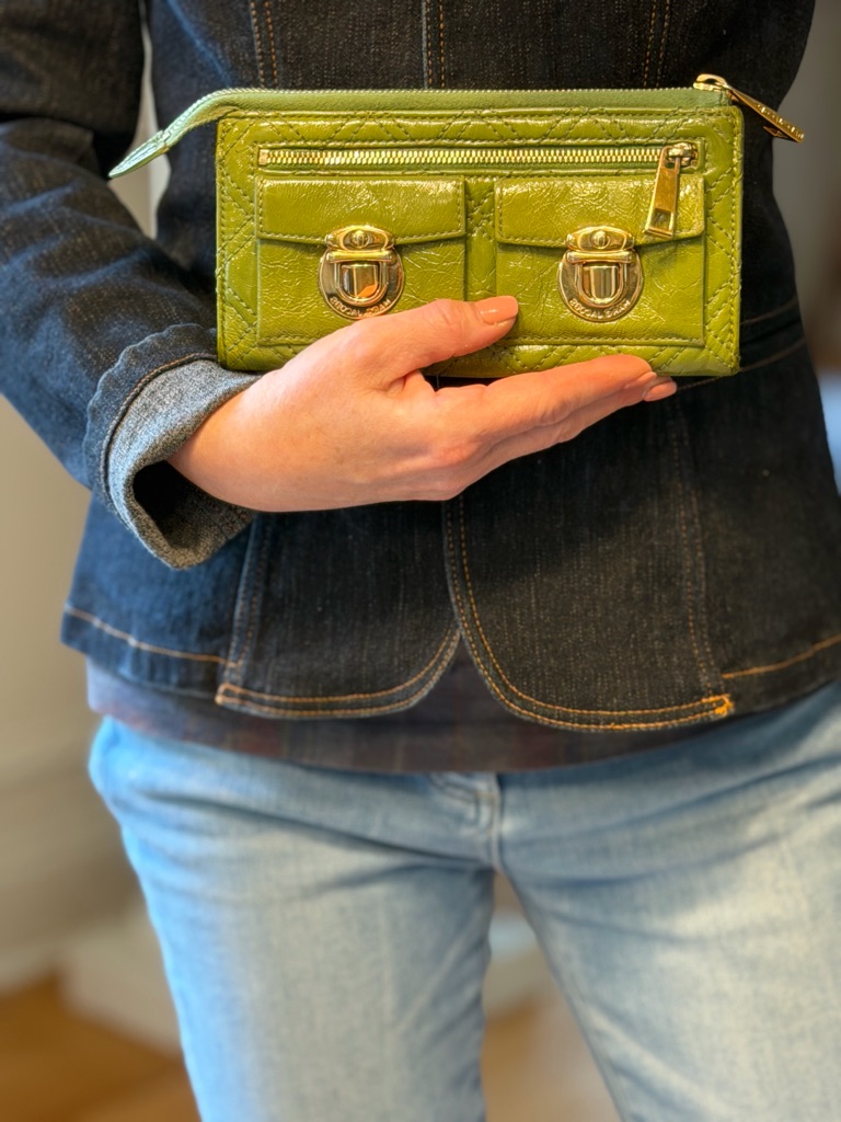 Marc Jacobs Lime Green Quilted Leather Zip Wallet With Front Pockets